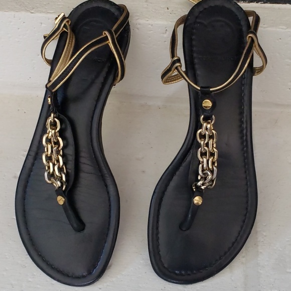 Tory Burch Shoes - TORY BURCH Black & Gold Leather Sandals Flats